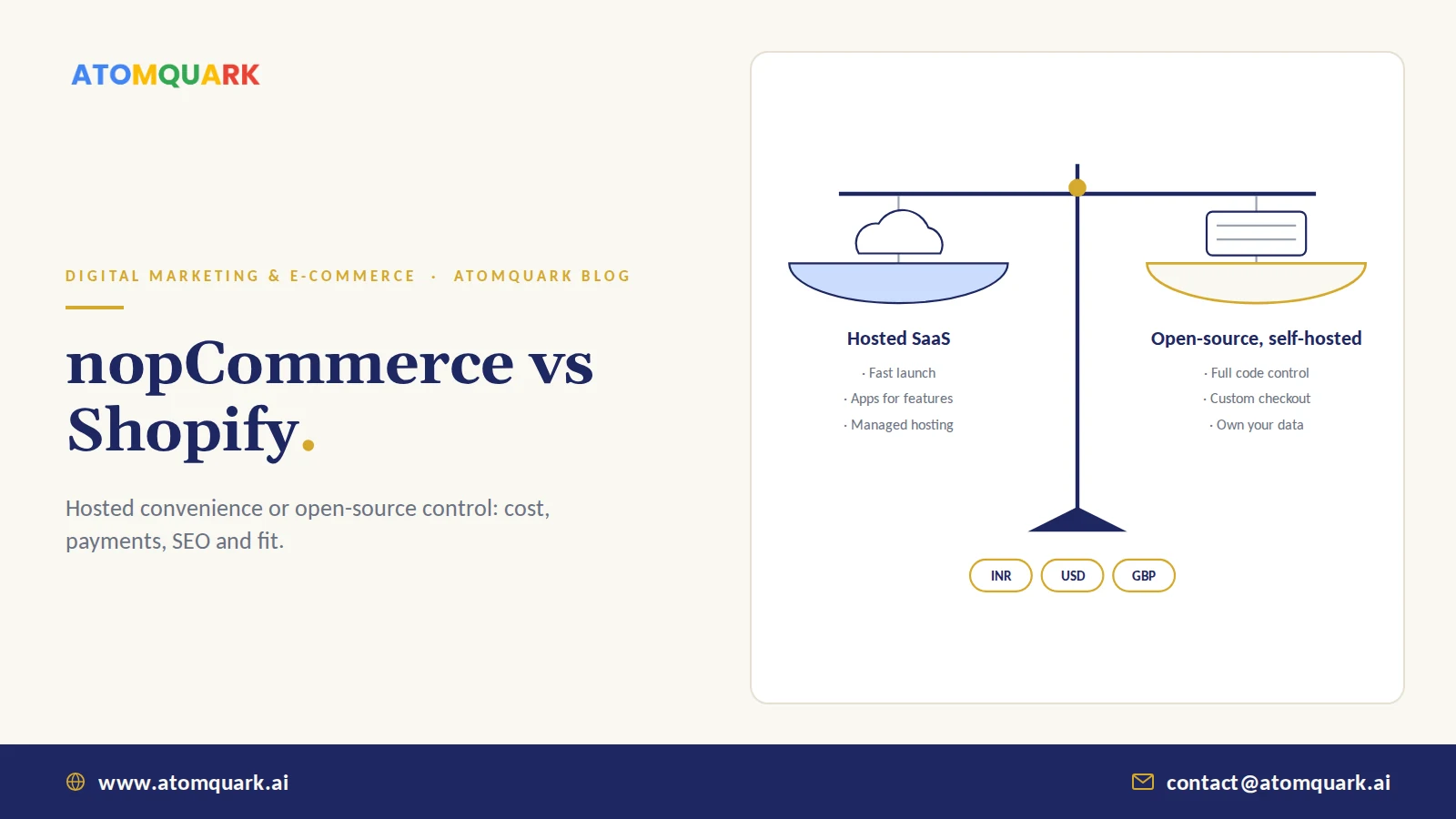 Balance scale comparing a hosted SaaS ecommerce platform with an open-source self-hosted platform