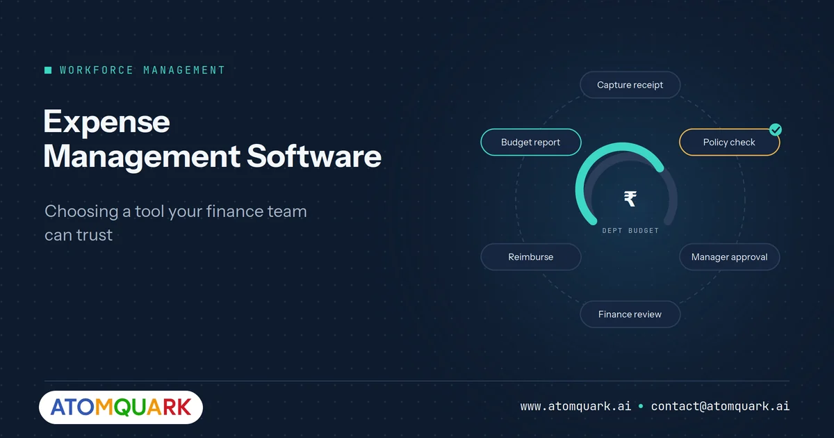 Expense management software workflow showing receipt capture, policy check, manager approval, finance review, reimbursement and budget reporting