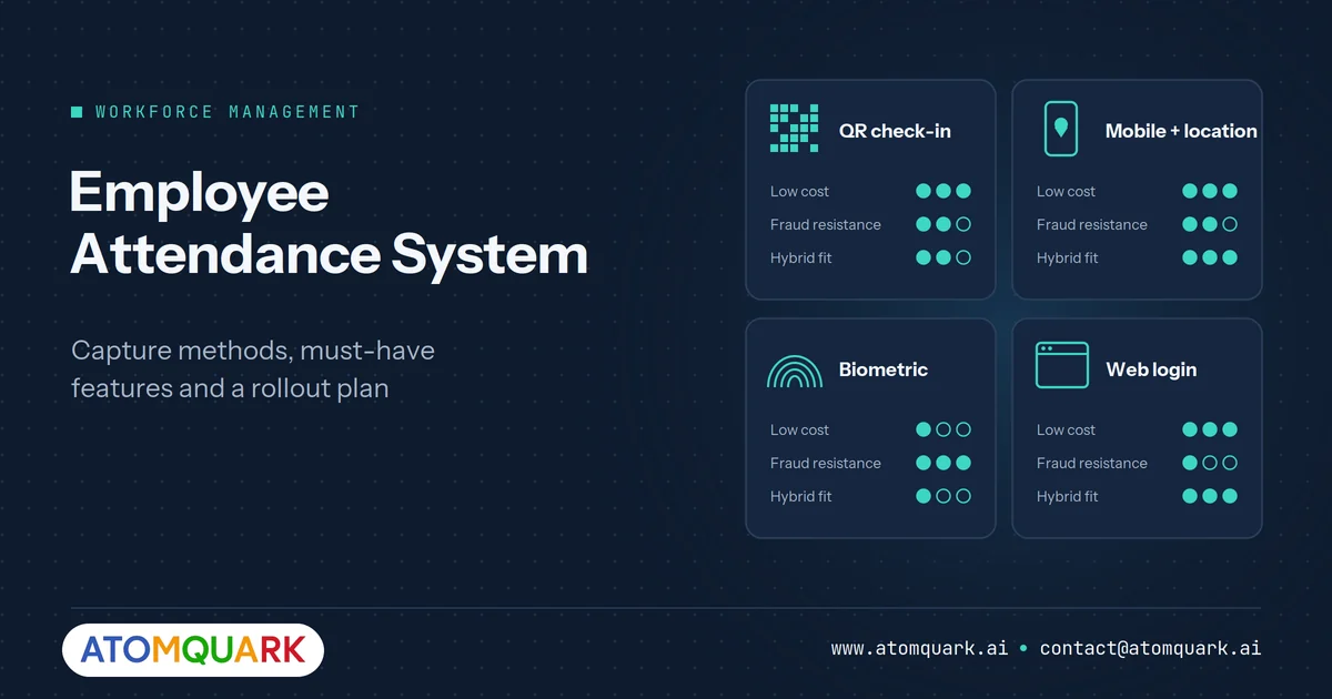 Comparison of employee attendance management system methods including QR code check-in, mobile app with location, biometric devices and web login
