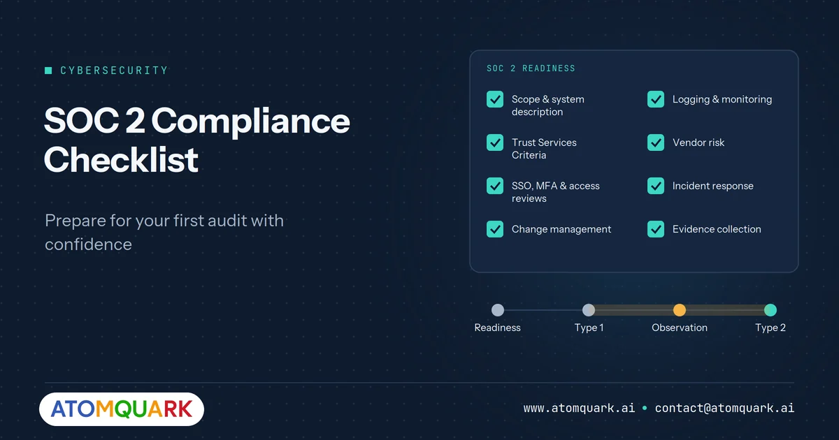 SOC 2 compliance checklist graphic covering scope, Trust Services Criteria, access control, change management, monitoring, vendor risk and evidence collection