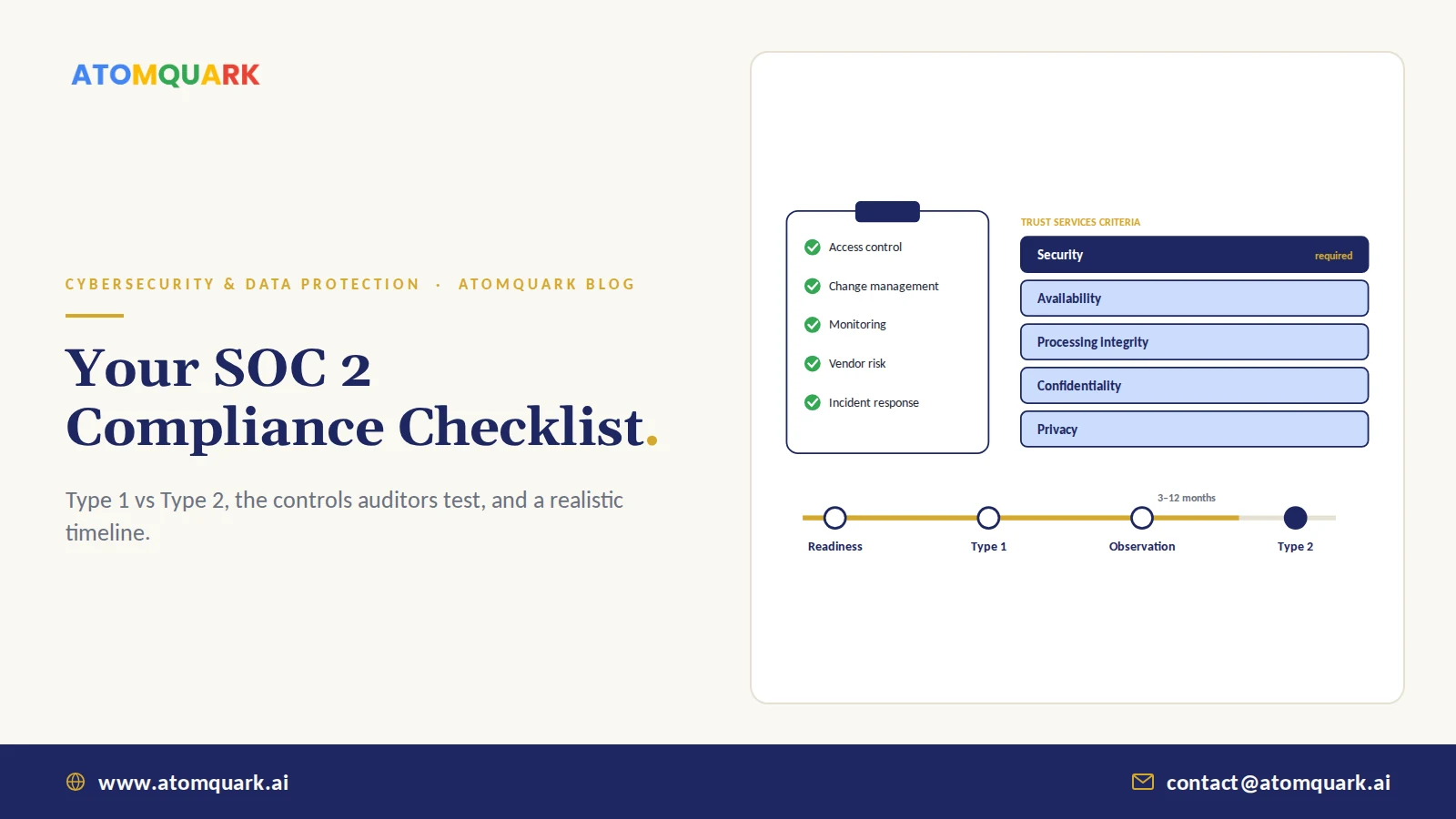 SOC 2 checklist showing the five Trust Services Criteria and the path from readiness to a Type 2 report